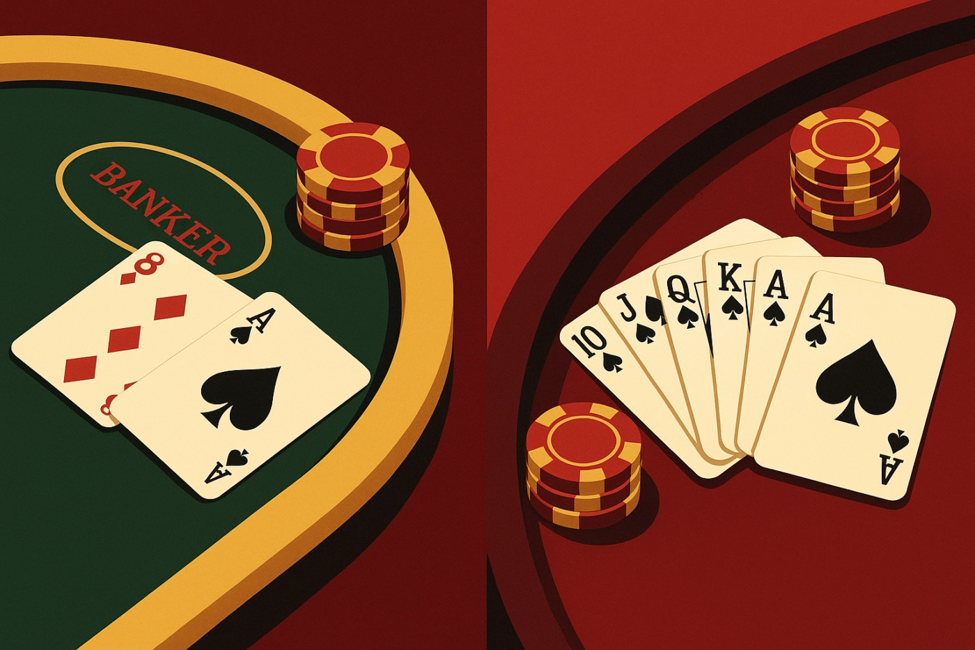 Chip và lá bài Baccarat và Poker đặt cạnh nhau