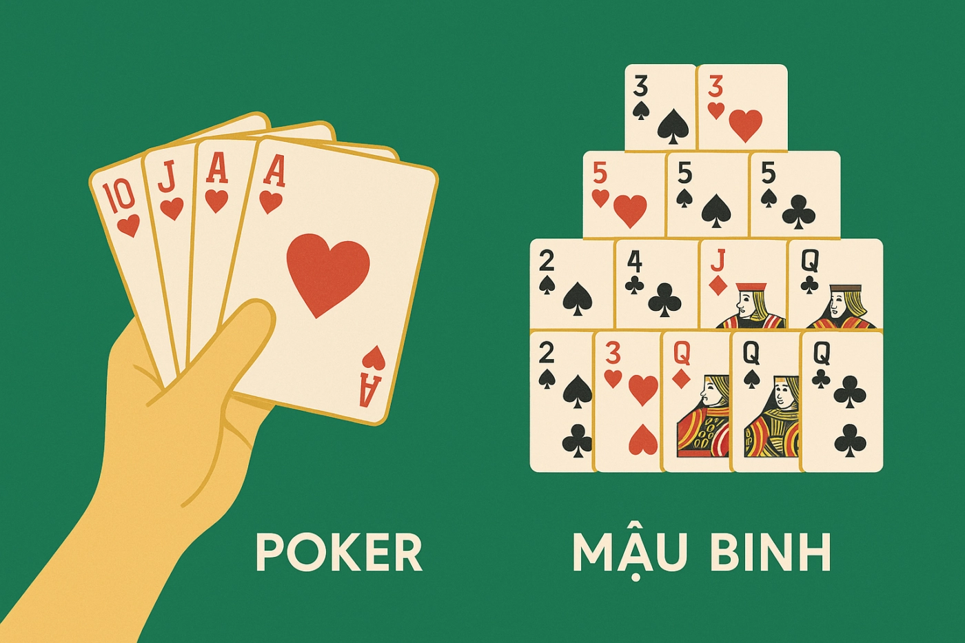 So sánh poker và mậu binh: luật chơi, chiều sâu chiến thuật và độ khó. Chọn game